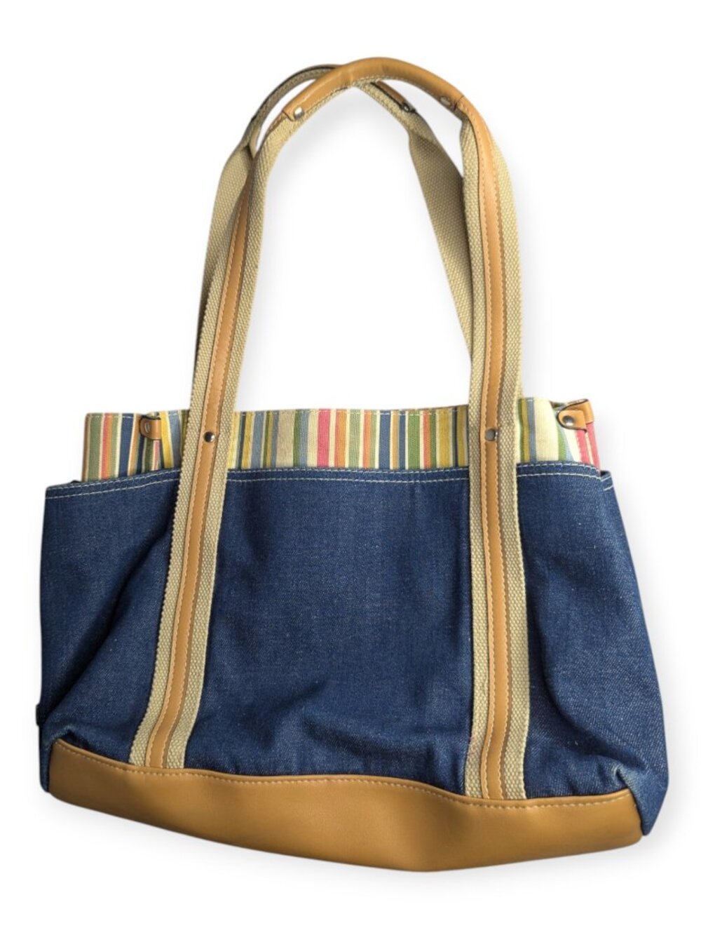 Denim & Tan Cotton Canvas Tote Multi-Stripe Trim Double Hand1es 3" x 9" x 5.5"